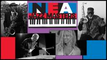 Headshots of four NEA Jazz Masters with NEA Jazz Masters logo